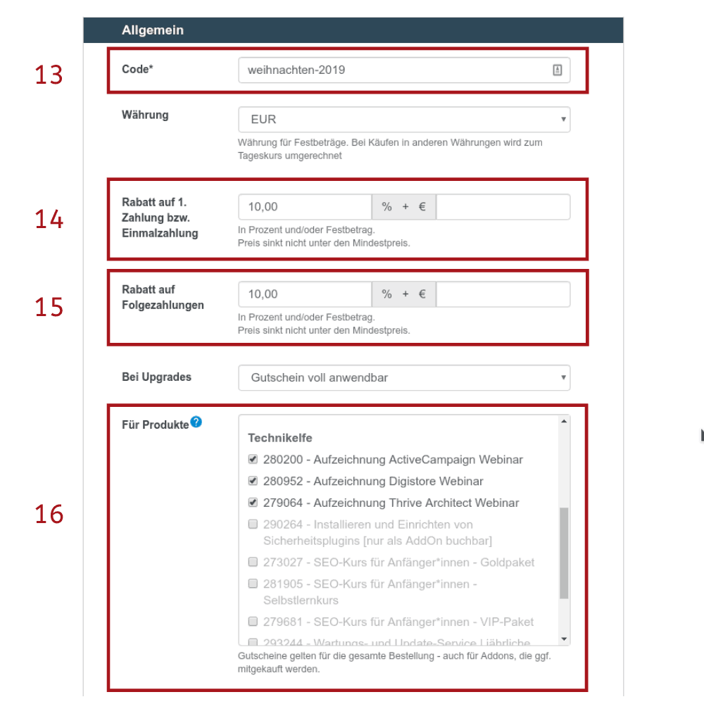 Einstellungen Gutschein Digistore