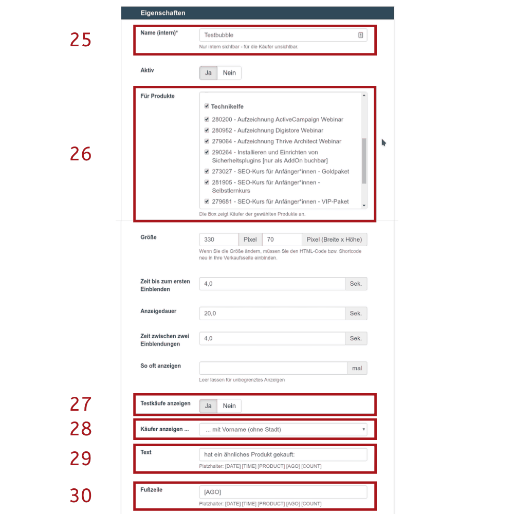 Social proof bubble einstellungen digistore