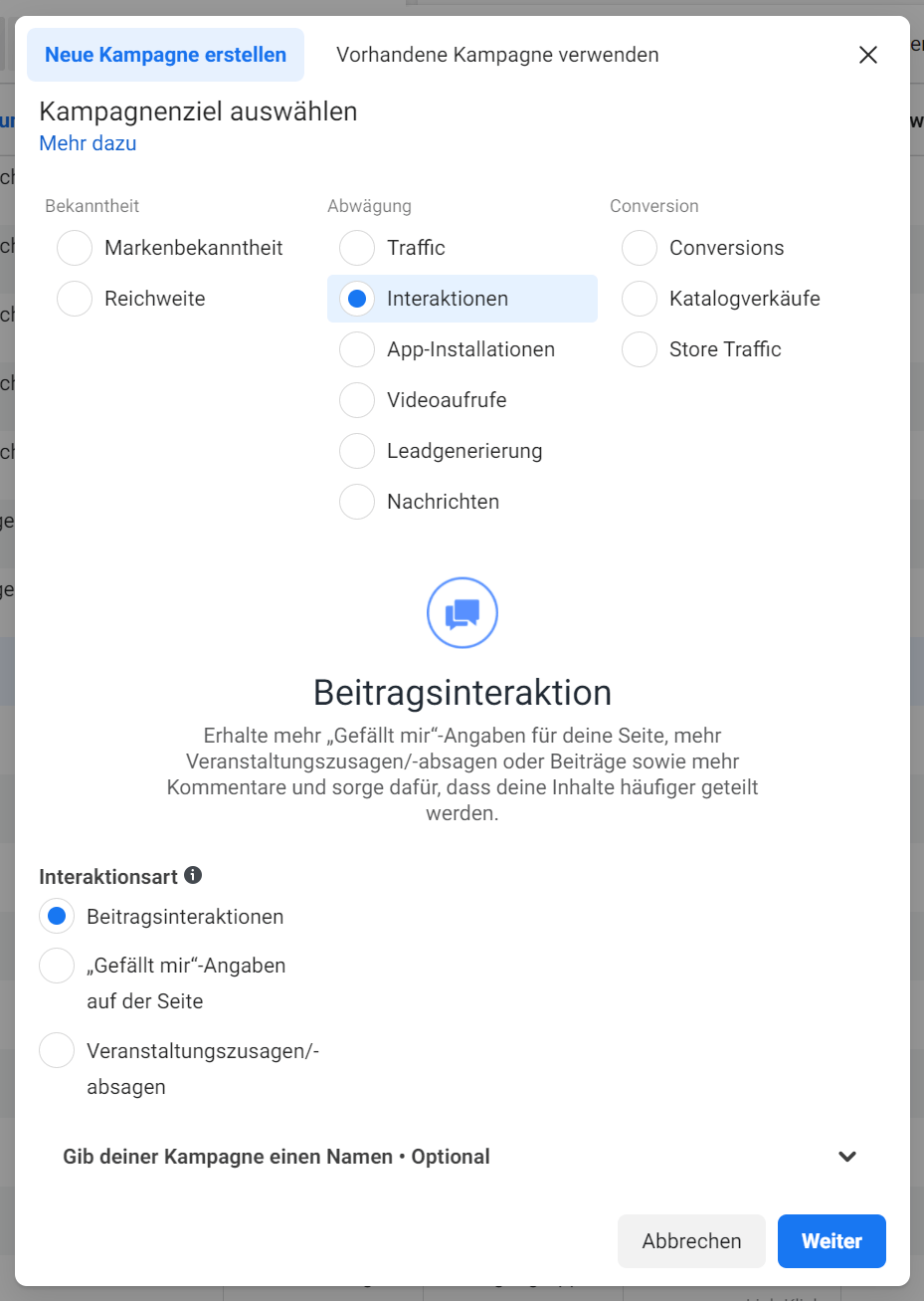 Interaktionskampagne Facebook Werbung Anleitung